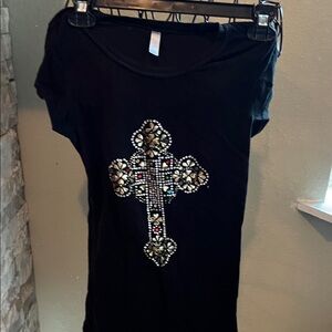 Black T-Shirt with Embellished Cross